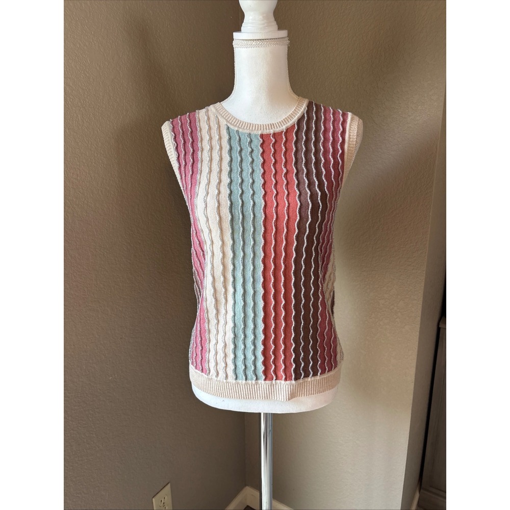 Kori Womens Striped Knit Sweater Vest Metallic Trim Pink Teal Rust Brown Size M